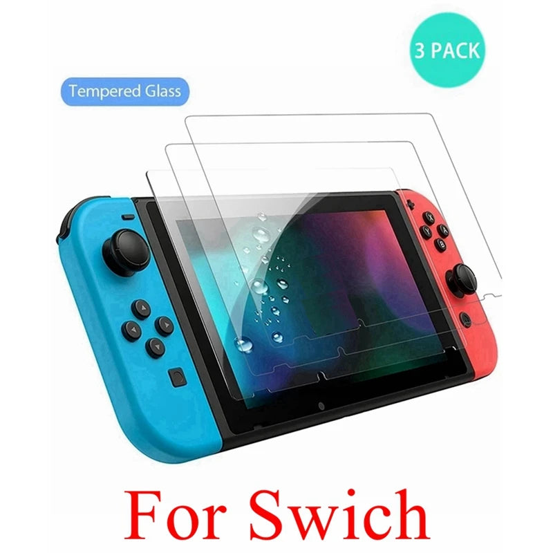 Three packs of tempered glass screen protectors for Nintendo Switch OLED console.