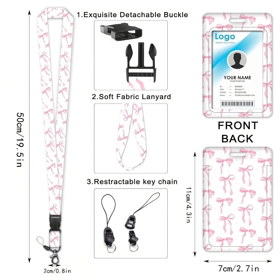 A pink lanyard and detachable buckle are shown alongside a soft fabric lanyard and a restractable key chain.