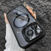 A hand holds a black MagSafe-compatible phone case featuring a built-in camera bracket and lens cover.