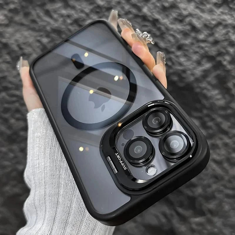 A hand holds a black MagSafe-compatible phone case featuring a built-in camera bracket and lens cover.