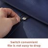 A hand is shown adjusting a leather document organizer bag, demonstrating that the file is not easy to drop.