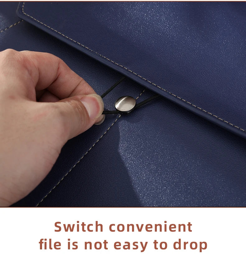 A hand is shown adjusting a leather document organizer bag, demonstrating that the file is not easy to drop.
