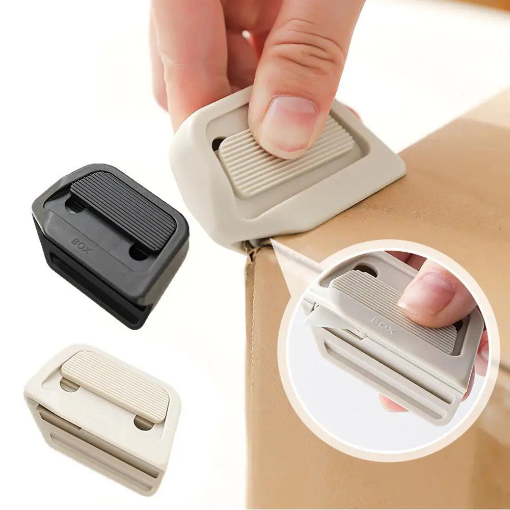 A hand is shown operating a mini ceramic box cutter with an auto-retractable blade, demonstrating its function.