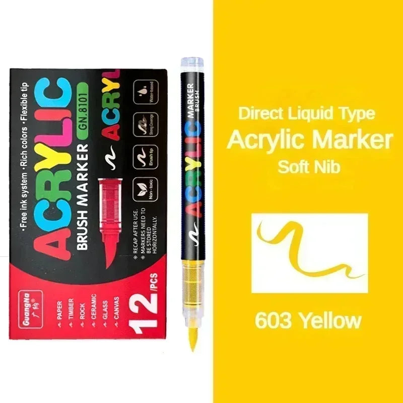A set of 12 acrylic brush markers in various colors, including yellow, for art and crafting.