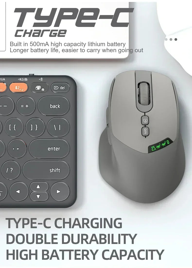 A gray wireless mouse is shown next to a Type-C charging accessory and promotional text for high battery capacity.