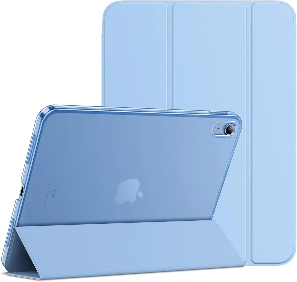 A light blue slim protective case for an iPad, shown with the device inside and the matching cover.
