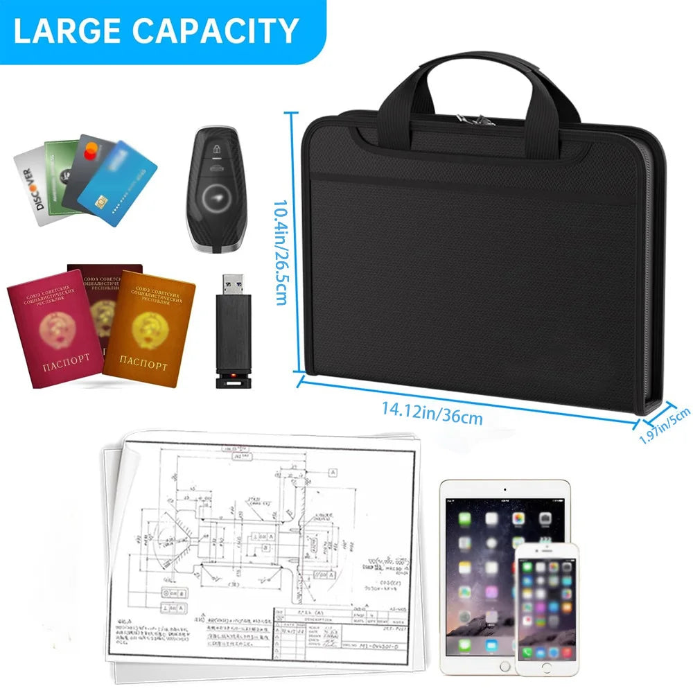 Black large capacity fireproof organizer file folder with compartments and a laptop.