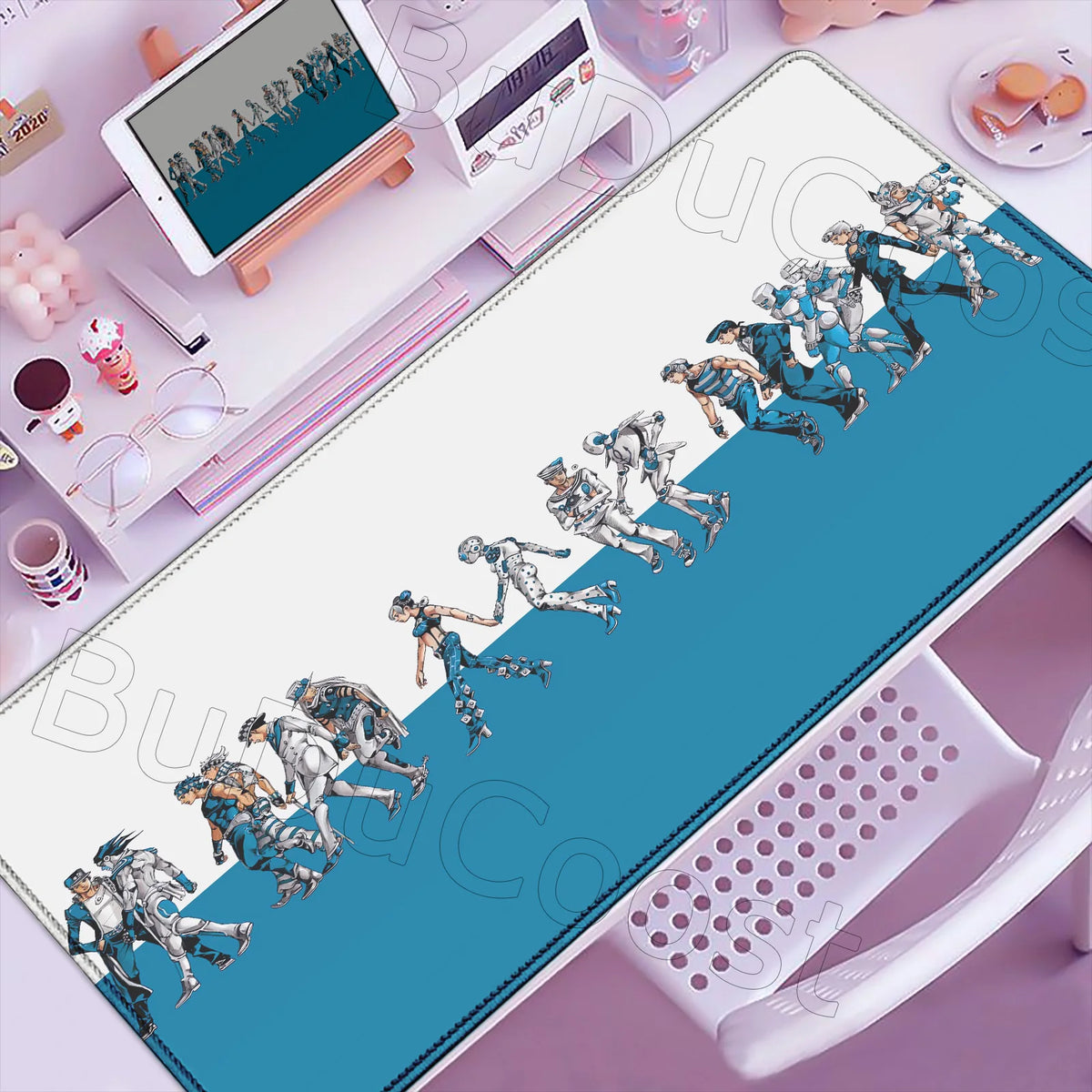 Anime-inspired XXL gaming mouse pad featuring a dynamic battle scene with figures in blue and white against a teal background