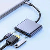A silver 3-in-1 USB-C to HDMI docking adapter with various connectors shown on a light blue background.