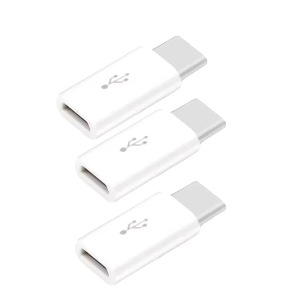 A white USB-C to Micro USB adapter for charging and data sync.