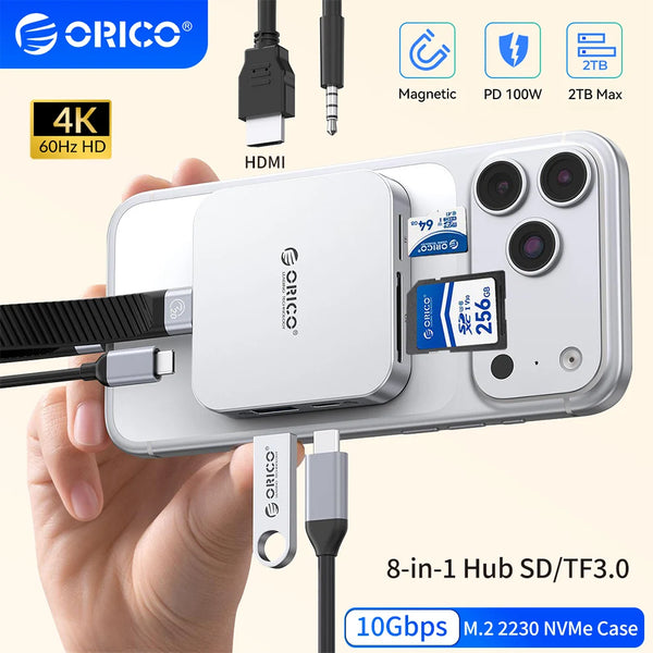 Un concentrador blanco de 8 en 1 que conecta una cámara a una tarjeta SD y proporciona energía HDMI, magnética y PD.