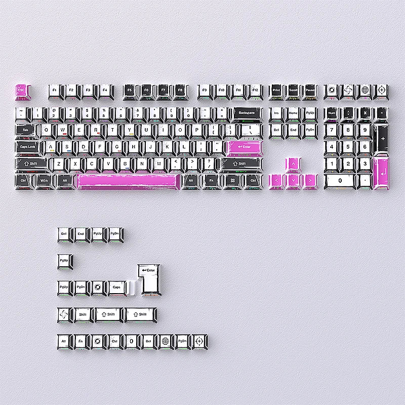 A full set of colorful comic style mechanical keycaps for a keyboard, including alphanumeric keys and modifiers.