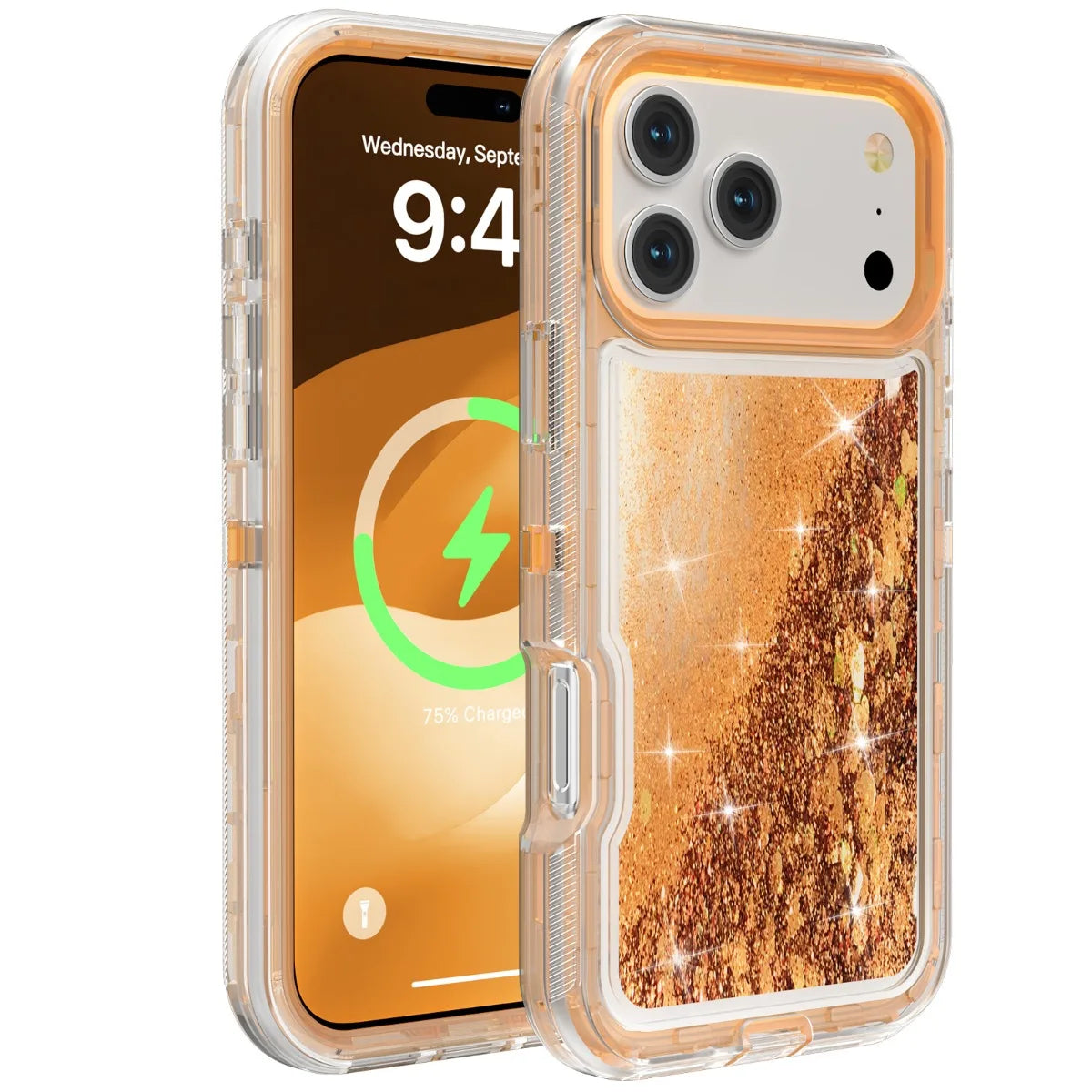 A clear silicone phone case protecting an iPhone displaying a charging screen and glitter liquid inside.