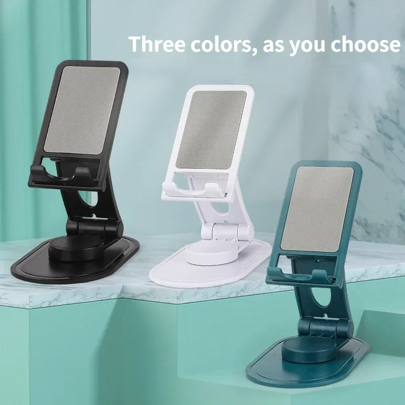 Three colors of a 360° rotating adjustable desktop phone and tablet stand displayed on a surface.