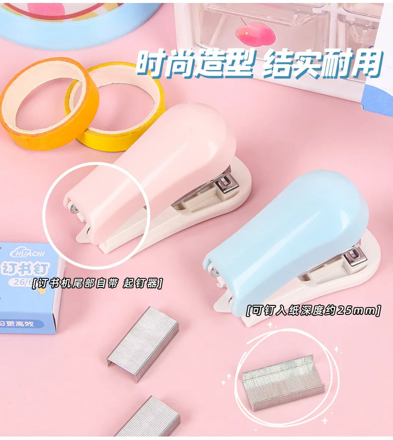 A pink cartoon mini stapler is shown with various sizes of metal staples, demonstrating its use for students and office work.