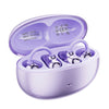A purple open ear clip Bluetooth earbud charging case with three earbuds visible inside.