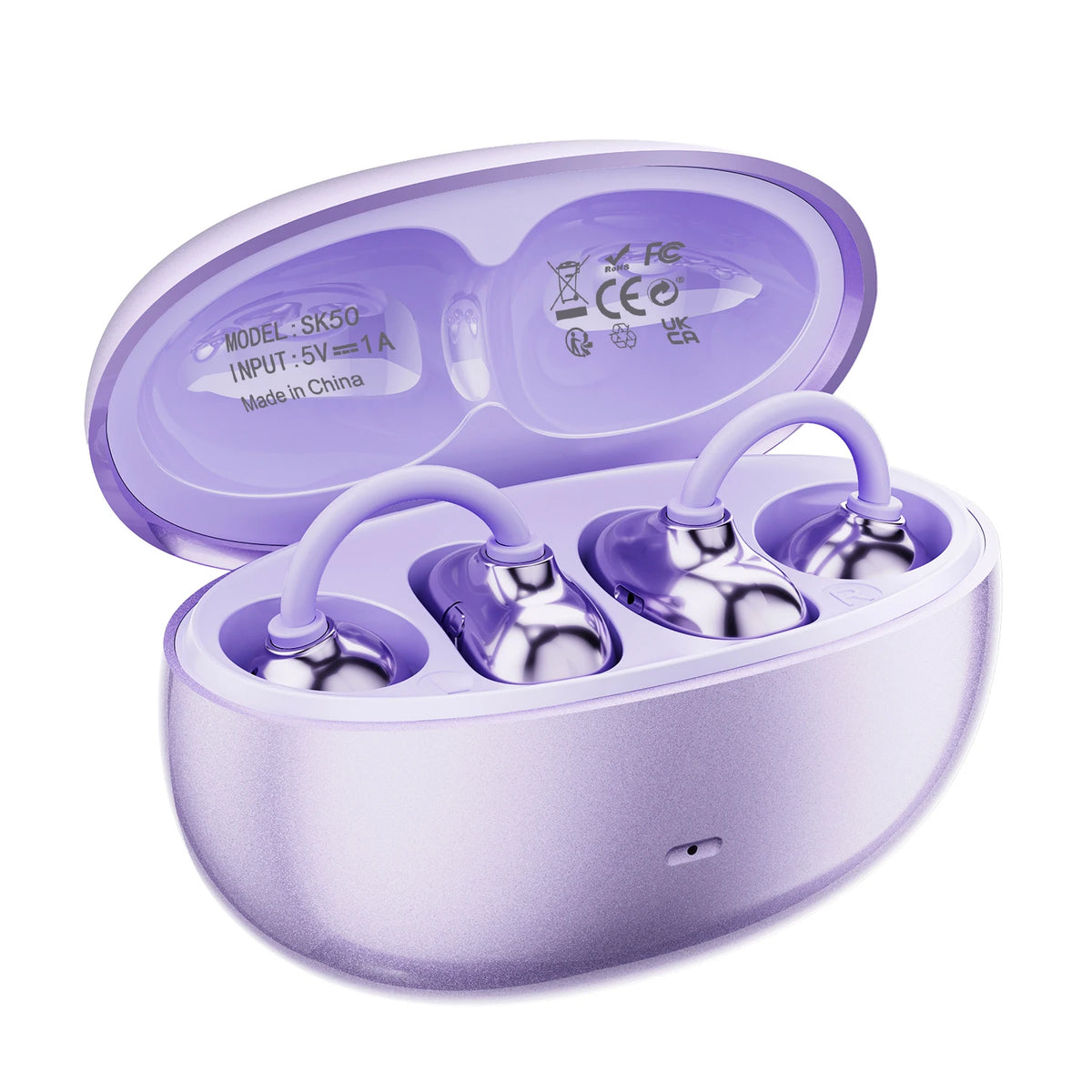 A purple open ear clip Bluetooth earbud charging case with three earbuds visible inside.