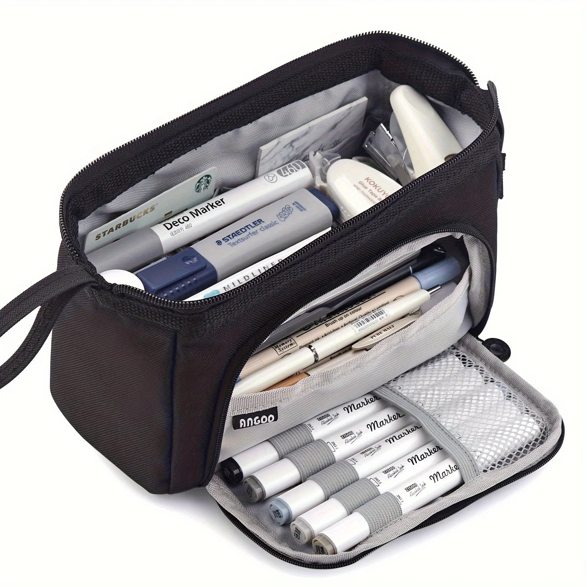 A black canvas double-deck pencil case filled with various writing instruments and supplies.