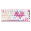 A pink mechanical gaming keyboard featuring colorful keys and a light pink frame.