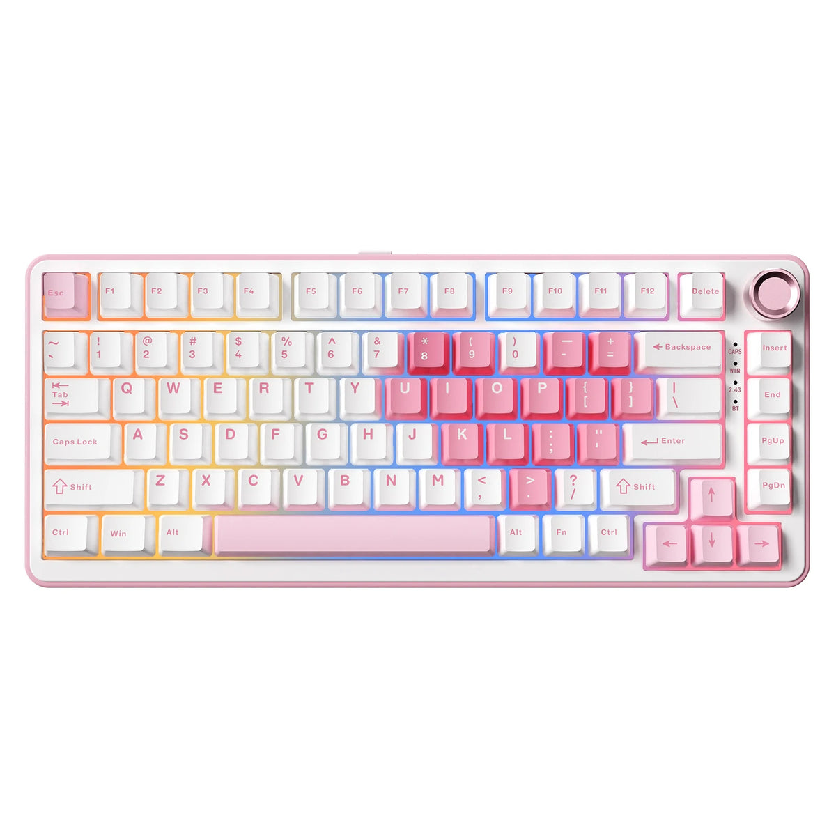 A pink mechanical gaming keyboard featuring colorful keys and a light pink frame.