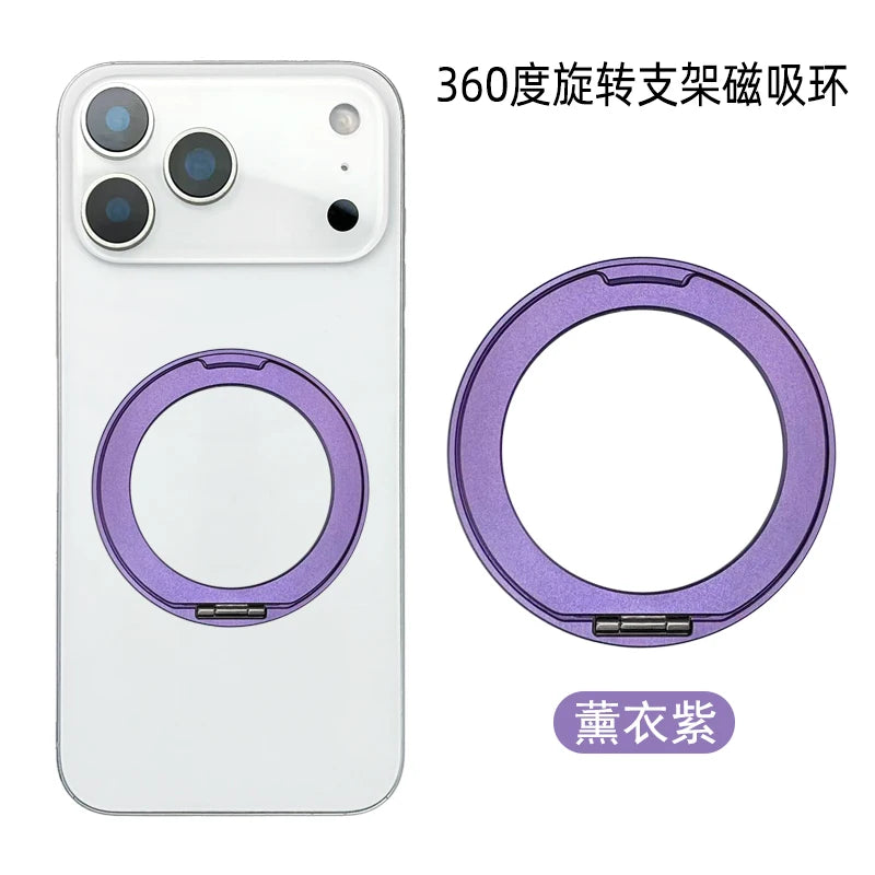 Weißes iPhone-Hülle mit lila magnetischem Ringhalter, der 360-Grad-Rotation demonstriert.