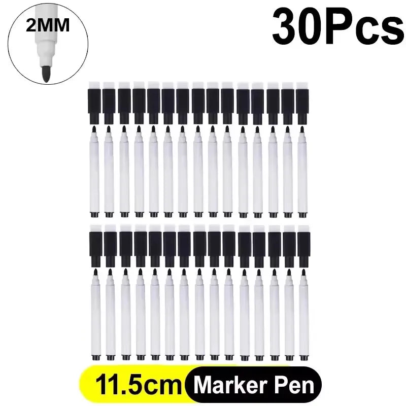 A set of 30 felt eraser dry erase marker pens with a 2mm tip, measuring 11.5cm long.