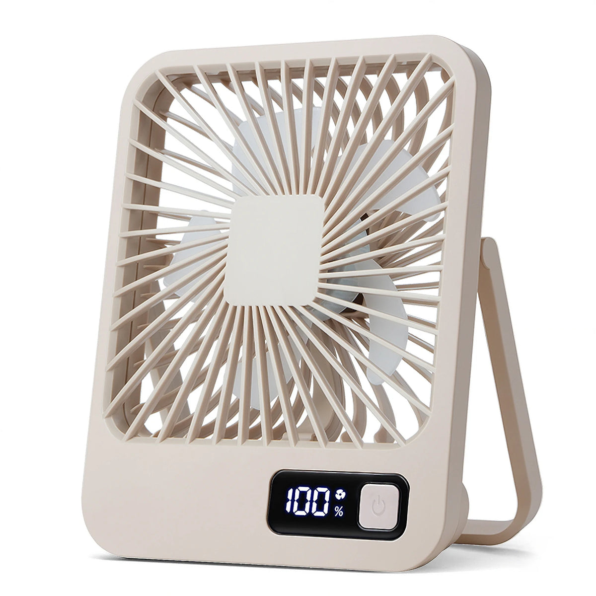A beige portable USB rechargeable desk fan with a protective grille and a handle.