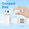 A hand holds a compact white dual port wall charger with two USB ports visible.