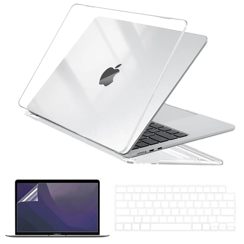 A clear hard shell laptop case with a keyboard cover and screen protector shown next to the laptop.