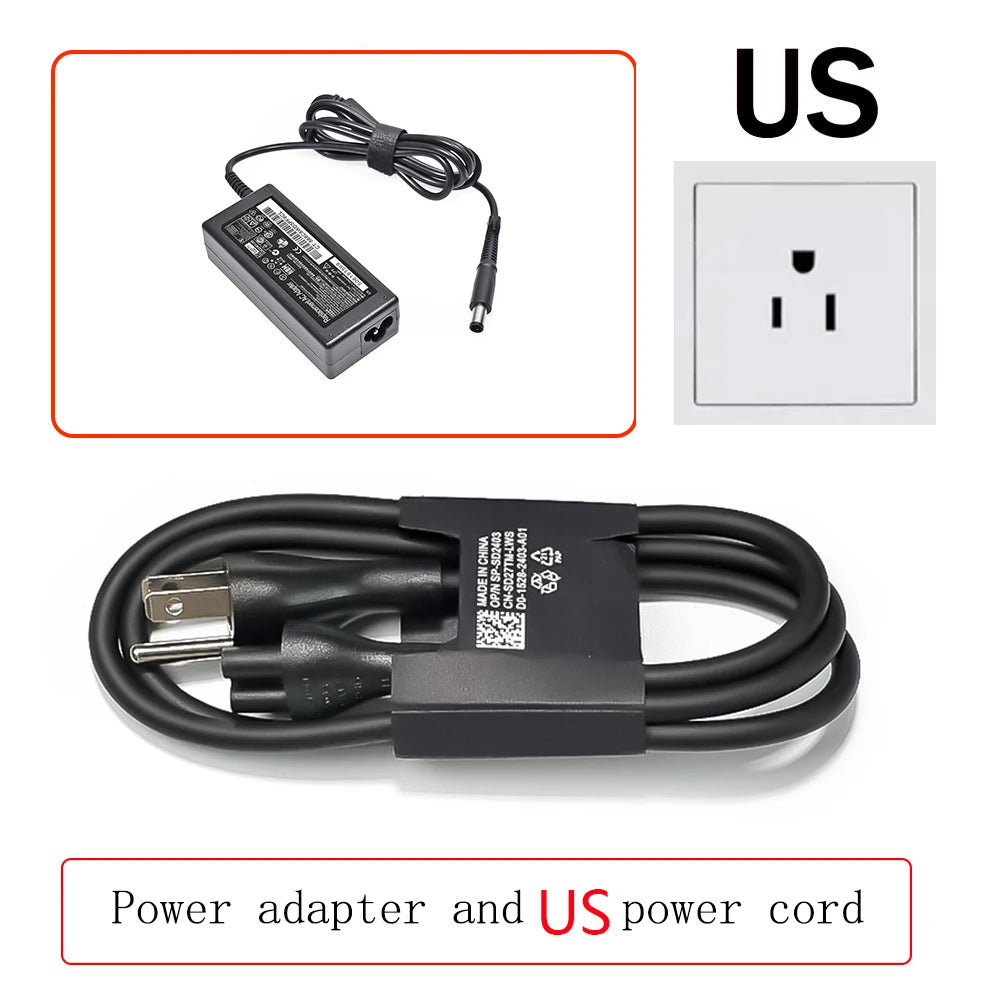 Black power adapter and US power cord for a laptop.