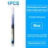 A blue full-length gel pen is shown with features for quick-drying and smooth writing.