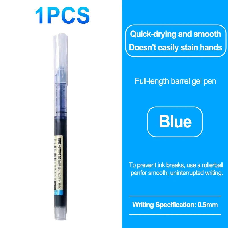 A blue full-length gel pen is shown with features for quick-drying and smooth writing.