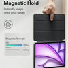 A hand is snapping a magnetic folio case onto an iPad, demonstrating a 25% stronger magnetic hold.