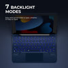 A dark blue magnetic keyboard case for an iPad is shown with a backlit screen display.