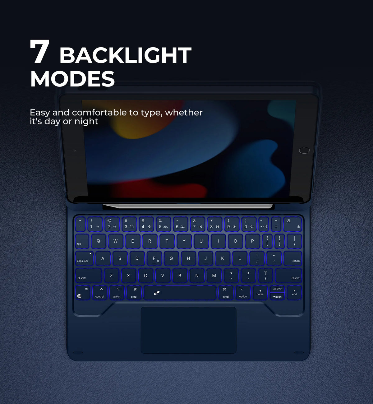 A dark blue magnetic keyboard case for an iPad is shown with a backlit screen display.
