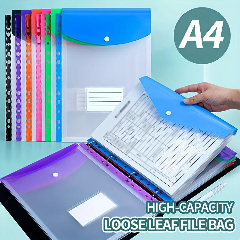 A stack of A4 expanding file pockets and a loose leaf file bag are shown on a light blue surface.