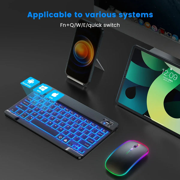 Combinación de teclado y mouse Bluetooth multilingüe con un smartphone y tableta de fondo.
