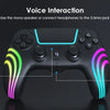 A black game controller is shown with indicators for voice interaction using a mono speaker or 3.5mm jack.