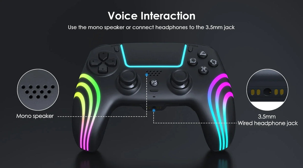 A black game controller is shown with indicators for voice interaction using a mono speaker or 3.5mm jack.