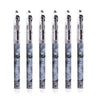 A set of five precision rollerball gel pens with silver barrels and black tips.