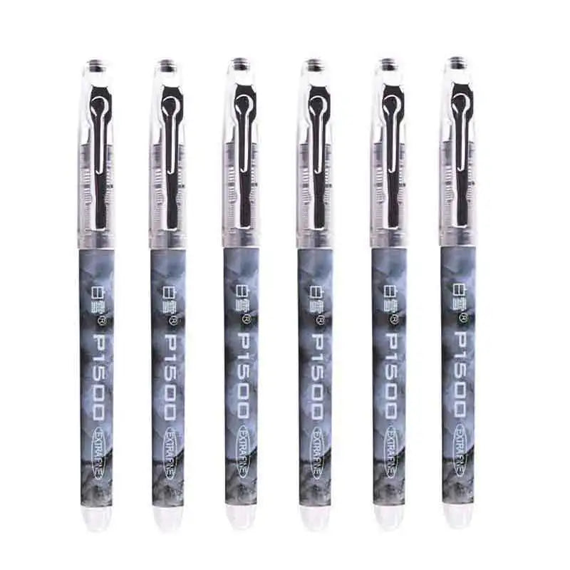 A set of five precision rollerball gel pens with silver barrels and black tips.