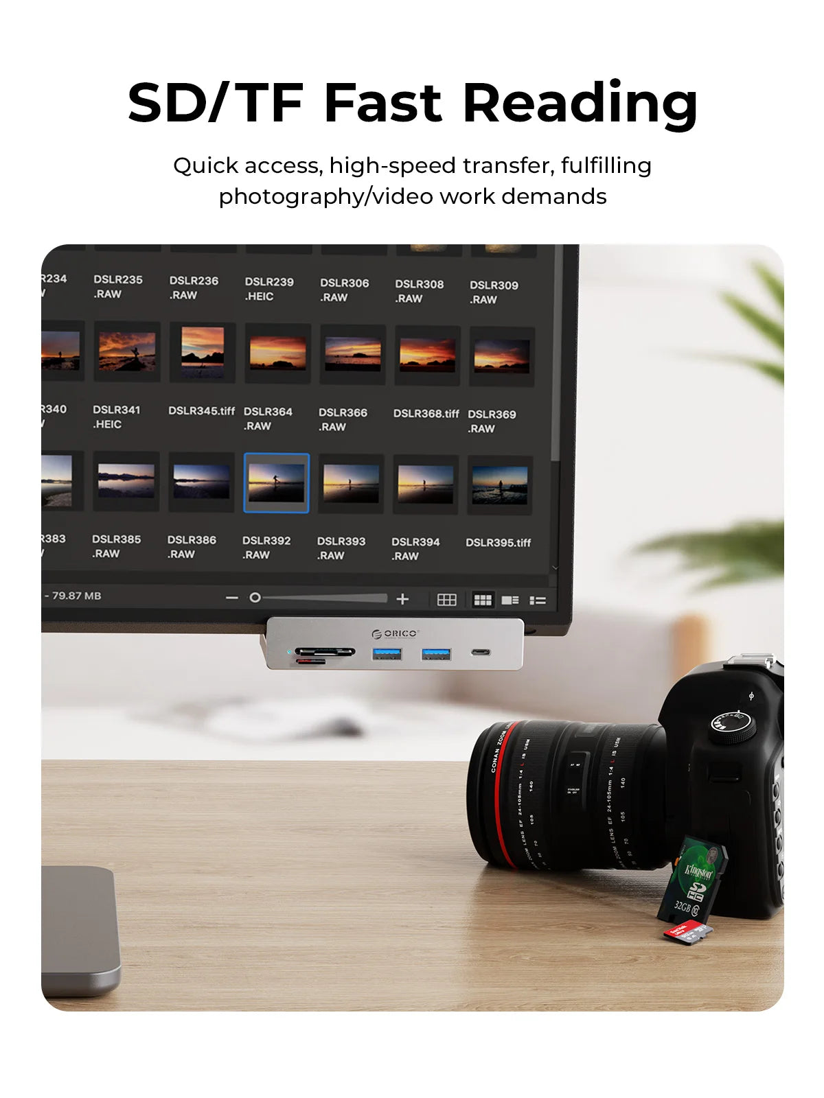A black SD/TF card reader hub is shown next to a camera lens and a USB drive on a wooden table.