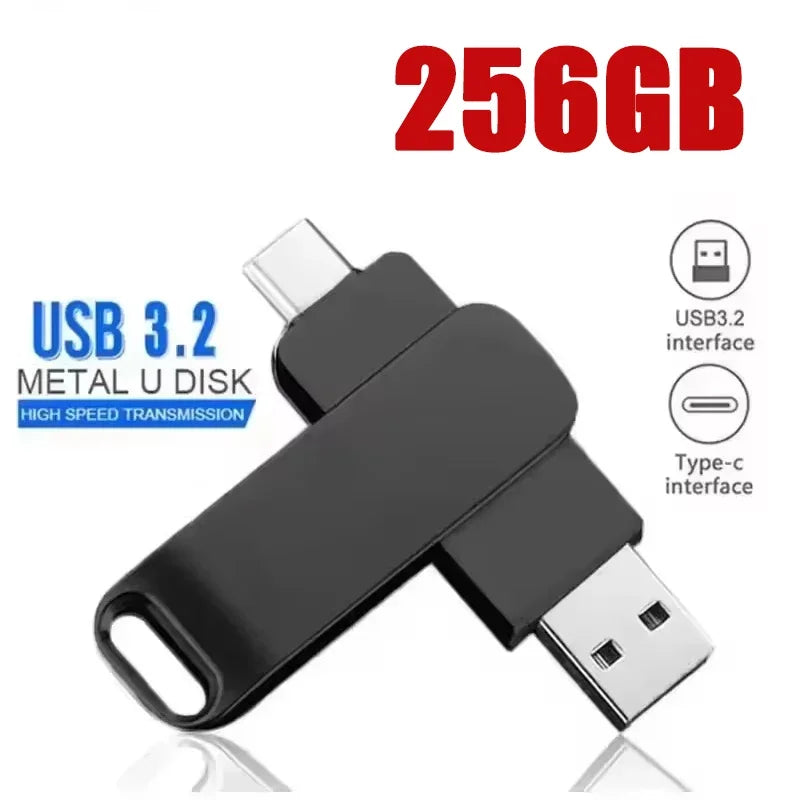 Black metal USB 3.2 flash drive with a Type-C interface and 256GB storage capacity
