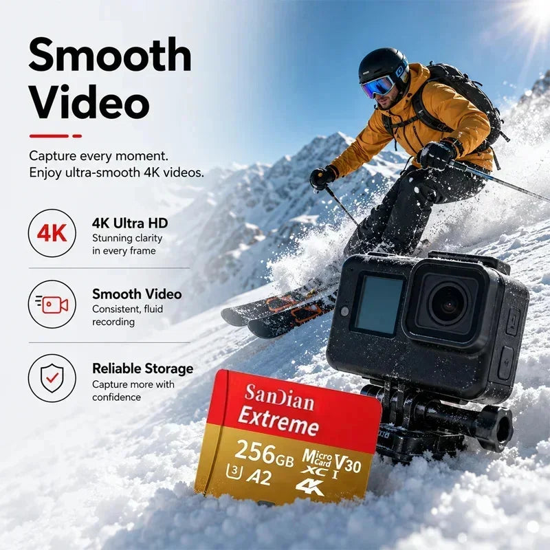 Eine Person filmt im Schnee mit einer Kamera und demonstriert eine flüssige Videoaufnahme auf einer robusten Speicherkarte.