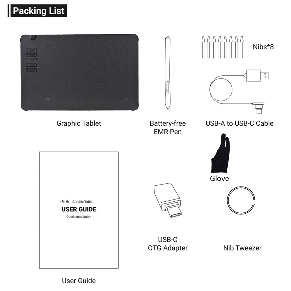 Liste d'emballage pour une tablette graphique incluant la tablette, le stylet EMR sans batterie, les câbles USB, le gant et l