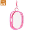 A clear pink mini bag with a zipper and a colorful keychain display.