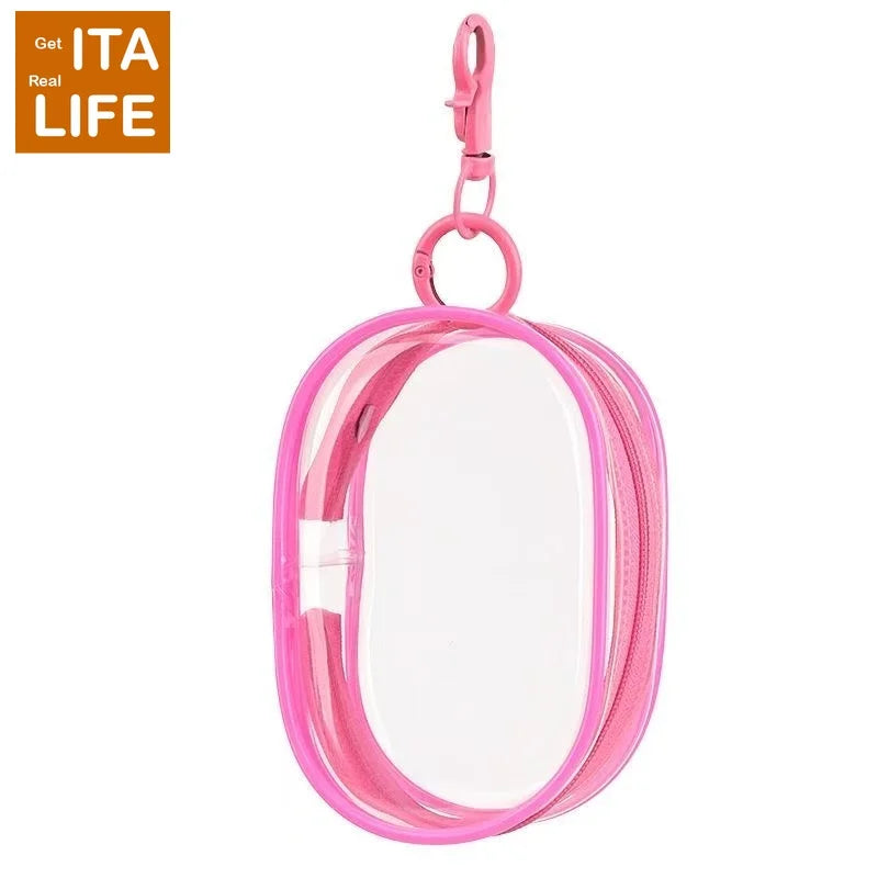 A clear pink mini bag with a zipper and a colorful keychain display.