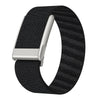 A black nylon braided strap for a watch, featuring a silver buckle and adjustable design.