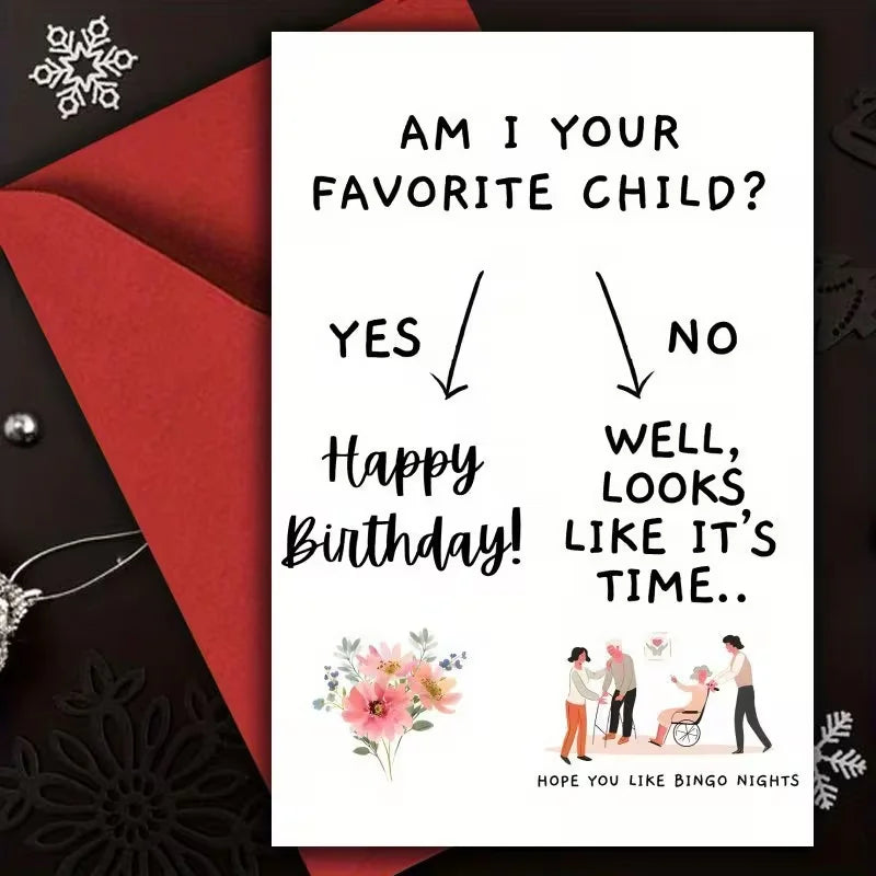 A red envelope with a humorous birthday card inside that asks, Am I your favorite child?