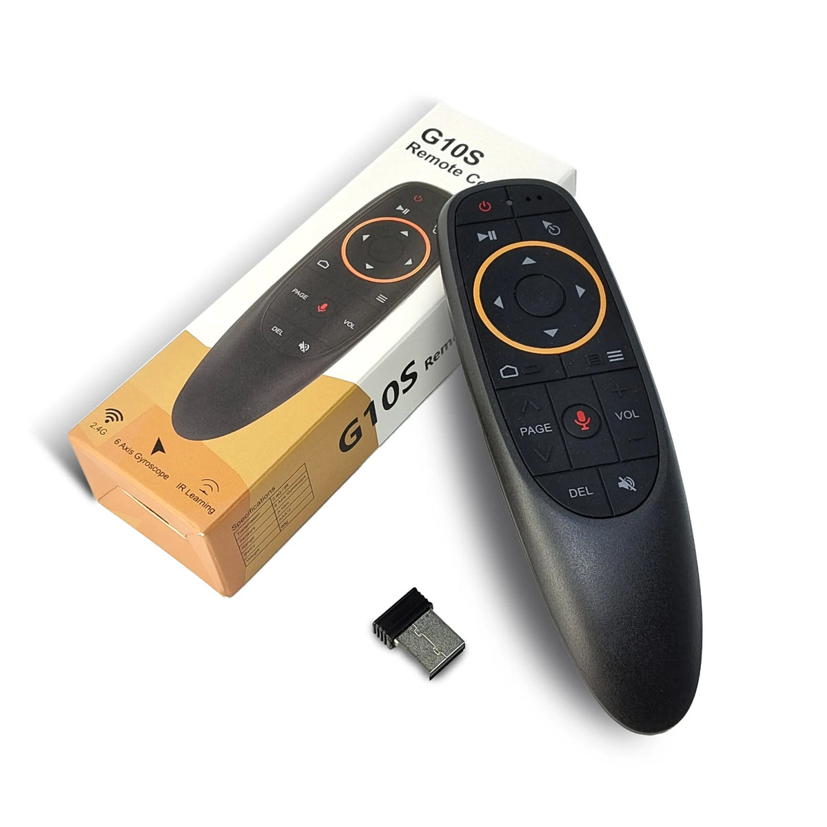A black wireless gyro air mouse remote with voice control and backlit keys next to its packaging box.